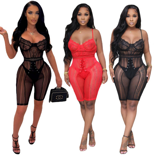 Fashion Corset Underwire Sling T Stripe Lace Casual Sexy Jumpsuit