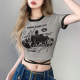 Summer Sexy Slim Fashion Print Round Neck Lace-Up Corset Crop T-Shirt Women