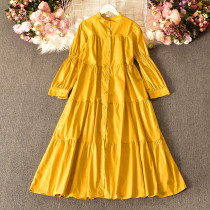 Versatile Chic Solid Color Simple Dress Autumn Fashion Bubble Long Sleeve Slim Fit Breasted Long Dress Women