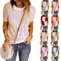 Mode zomer colorblock breien t-shirt met korte mouwen top breien shirt