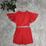 Women's Solid Color Casual V-Neck Ruffle Short Sleeve Top + Shorts Set