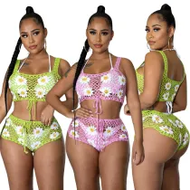 Women's Fashion Flower Vest and Shorts Knit Suits