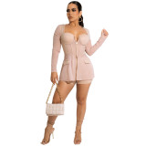 Summer Women's Fashion Sexy Mesh See-Through Square Neck Patchwork Long Sleeve Two Piece