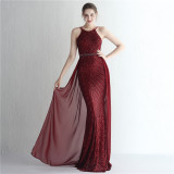 Positioning flower sequins evening dress craft beading Halter Neck style Chic glamorous lady Formal Party long gown