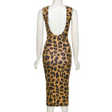 Fall Women's Fashion Round Neck Sexy Low Back Slim Leopard Dress Women