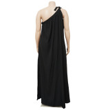Summer Plus Size Women's Sleeveless One Shoulder Sexy Low Back Solid Dress Maxi Dress