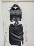 Lace-Up Polo Collar Open Waist Skirt Women's Spring Summer Casual Simple Skirt Suit
