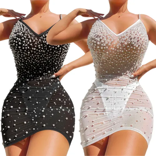 Women's Elegant Sexy Mesh See-Through Low Back Sling Beaded Dress