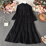Versatile Chic Solid Color Simple Dress Autumn Fashion Bubble Long Sleeve Slim Fit Breasted Long Dress Women