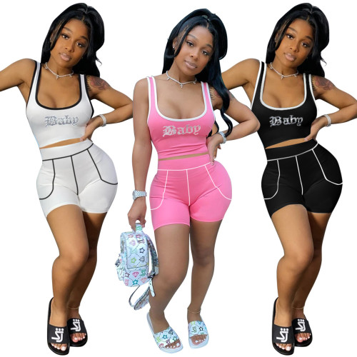 Camiseta sin mangas informal para mujer Pantalones cortos con letras multicolores de dos piezas