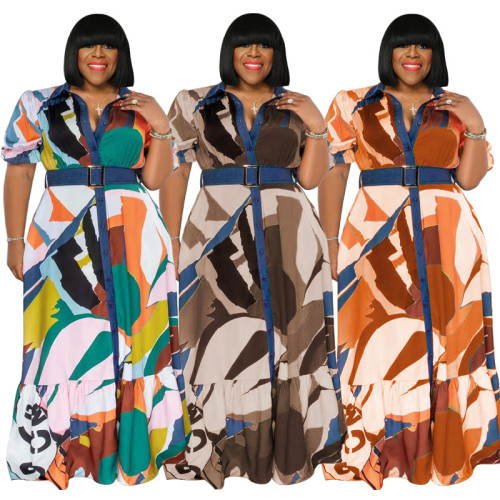 Sommer Multi-Color Print Belted Loose Plus Size Damen Maxikleid