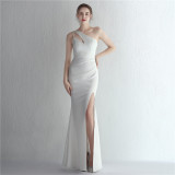 Satin Slim One Shoulder Long Celebrity Dinner Slim Fit Fishtail Dress Wedding Car Model Exhibition Dress