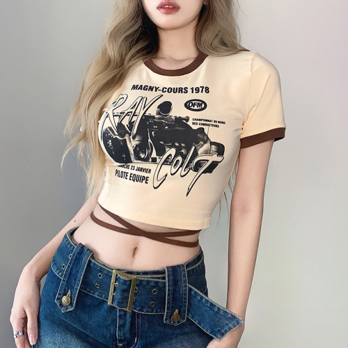 T-shirt da donna corta con corsetto con lacci e scollo rotondo con stampa di moda sottile sexy estiva
