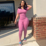 Plus Size Sports Two Piece Ribbed High Stretch Solid Color Suit Women