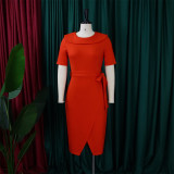 Autumn Office Professional Wrap Midi Dress with Belt Orange