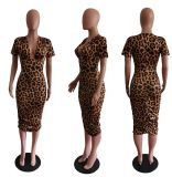 Women's Fashion Leopard Print Ruched Deep V Neck Dress