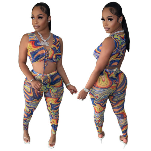 Ladies fashion sexy print lace up crop top+pant two-piece set