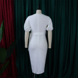 Summer Elegant White Plain Ruffles Short Sleeve With Belt Midi Dress