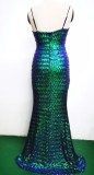 Spring Formal Blue Sequins Strap Slit Mermaid Evening Dress