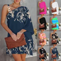 Women Summer Bat Sleeves Off Shoulder Metal Slip Dress