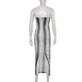 Women's Sexy Strapless Slit Gown Print Slim Dress