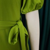 Summer Elegant Green Plain Ruffles Short Sleeve With Belt Midi Dress