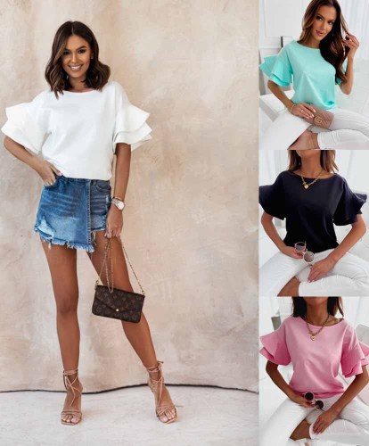 Women Summer Loose Bell Bottom Sleeve Round Neck Solid T-Shirt