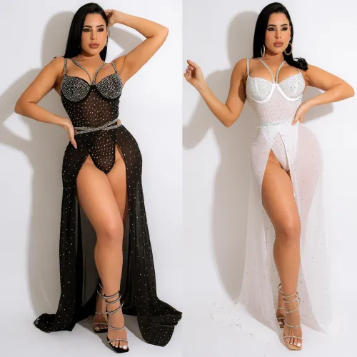 Women Beaded suspenders dress two-piece set