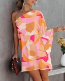 Spring Summer Positioning Print Ombre One Shoulder Casual Dress