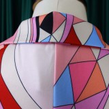 Women Spring Printed Formal Turn-down Collar Full Sleeves Geometric Button Regular Two Piece Blazer and Pants Set