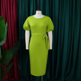 Summer Elegant Green Plain Ruffles Short Sleeve With Belt Midi Dress