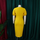 Summer Elegant Yellow Plain Ruffles Short Sleeve With Belt Midi Dress