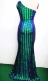 Spring Elegant Bling Bling Green Sequins One Shoulder Sleeveless Mermaid Formal Cocktail Evening Dress