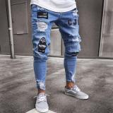 Men'S Tight Fitting Denim Embroidered Ripped Tight Pants
