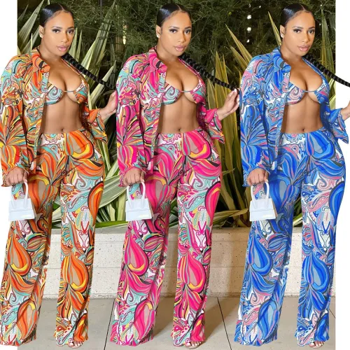 Trendy Sexy Mesh See-Through Print Long Sleeve Three-Piece Women'S Pants Set