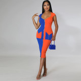 Women'S Maxi Pocket Colorblock U Neck Short Sleeve Tight Fitting Knitting Dress