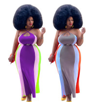 Vestido largo informal con correa de patchwork multicolor para mujer de talla grande