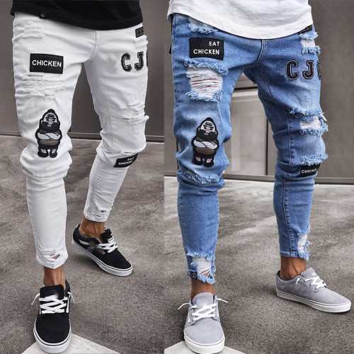 Strakke, nauwsluitende jeans met geborduurde gescheurde broek voor heren