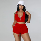 Women's Solid Low Back Hooded Zip Tank, Pocket Shorts Set Two Piece