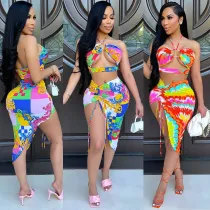 Women's Print Bandeau Halter Neck Two Piece Irregular Skirt Set