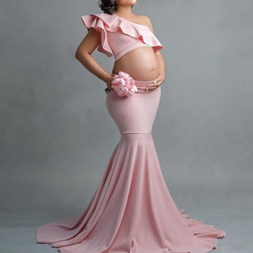 Spring Summer Fashion One Shoulder Ruffle Sleeve Tight Fitting Maternity Dress