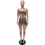 Women's Summer Sexy Elastic Drawstring Two-Way Print Cut Out Dress
