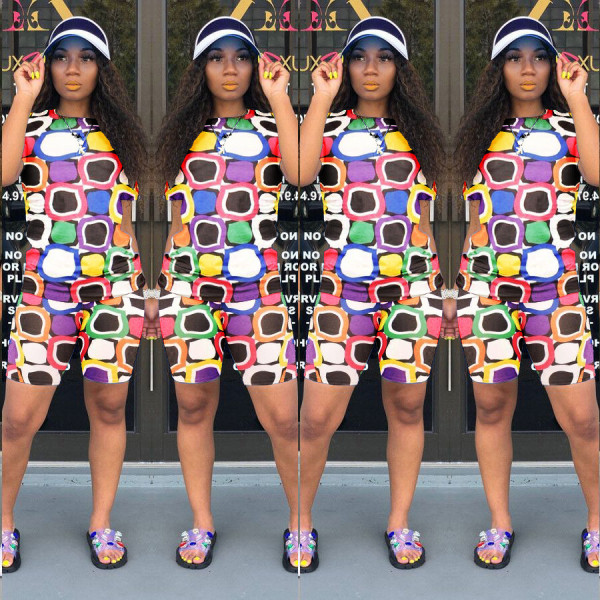 Summer Women's Multi-Color Print Two Piece Shirt and Shorts Set