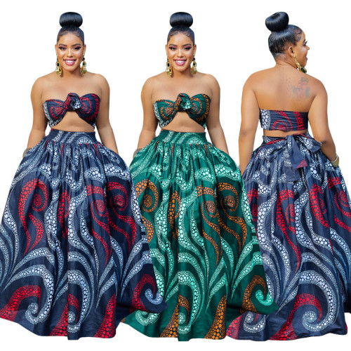 Conjunto de dos piezas de talla grande para mujer, novedad de verano, estilo étnico, Top corto estampado + falda grande con columpio