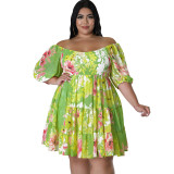 Plus Size Women Summer Sexy Off Shoulder Print Dress