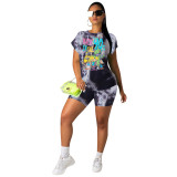 Women Tie Dye Printed Short Sleeve Top + Shorts Casual Two Piece