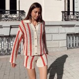 Women Turndown Collar Button Stripe Sweater + Shorts Two-Piece Set