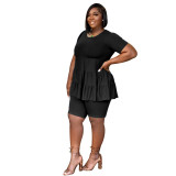 Plus Size Women Summer Solid Round Neck Pleated Short Sleeve Top + Shorts Two Piece