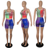 Women Summer Contrast Print Sleeveless Vest + Shorts Two-piece Set