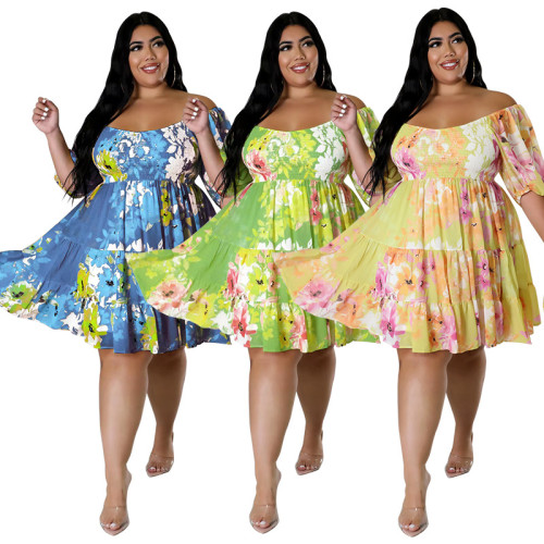 Plus Size Women Summer Sexy Off Shoulder Print Dress